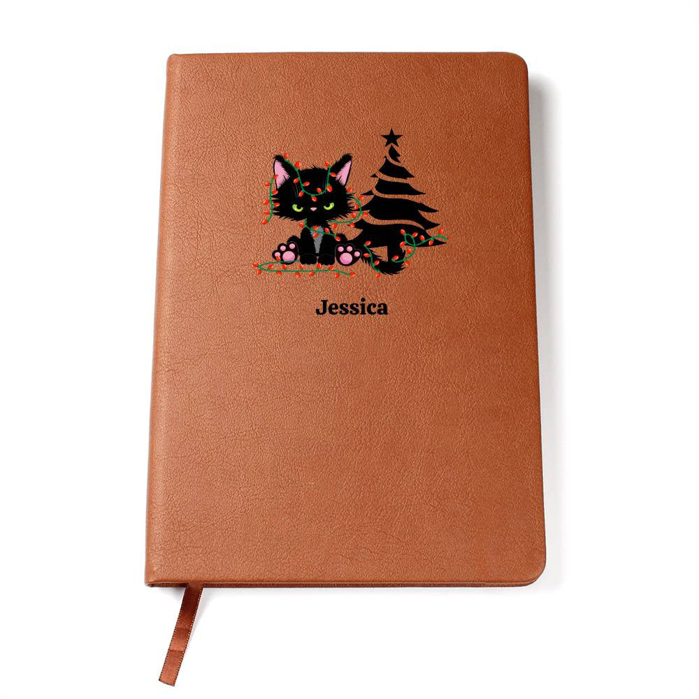 Leather Journal - Christmas Cat Personalized